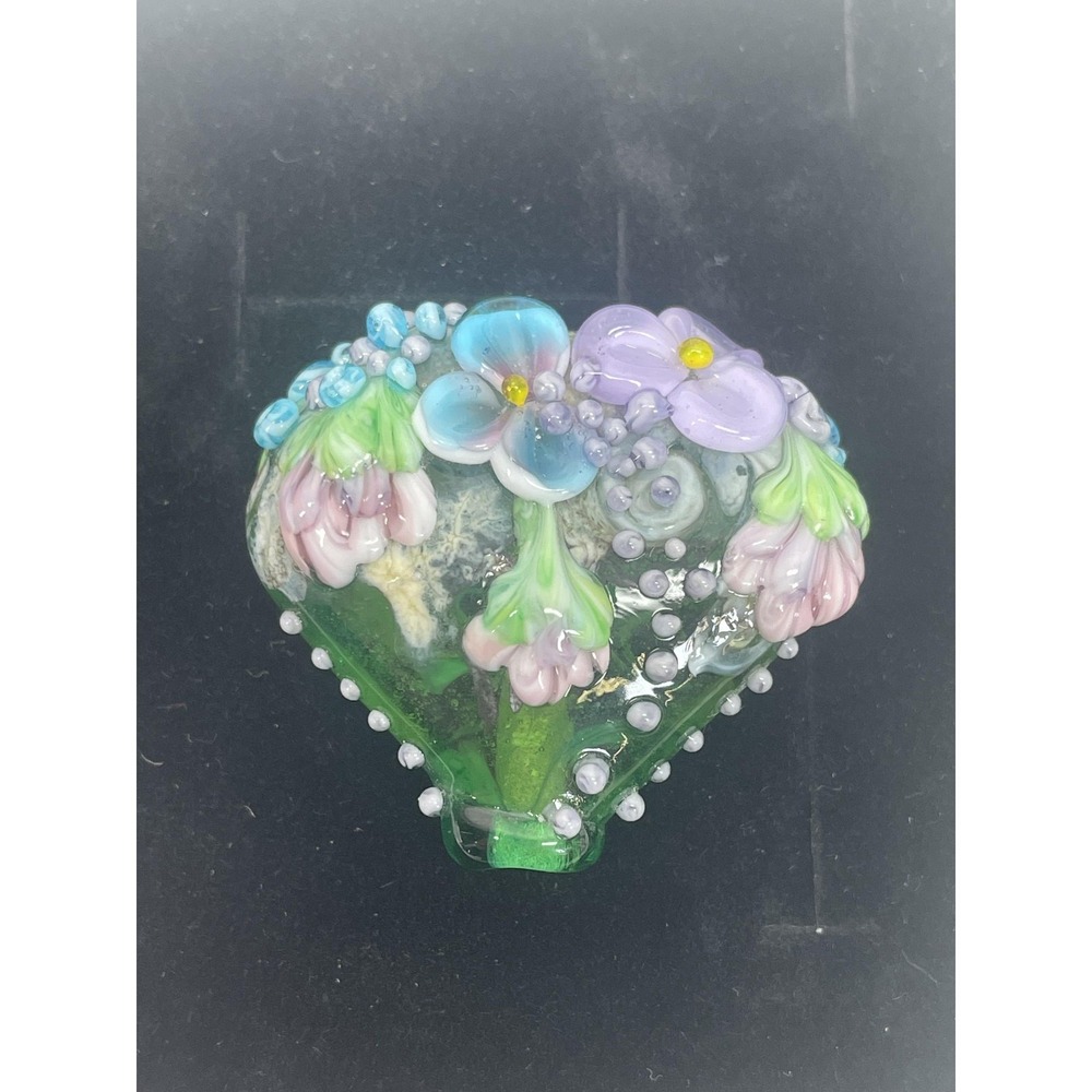 Natalie Zhitomyrsky Lampwork Glass Heart Floral Focal Beadâ Green Purple